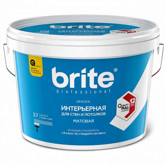 Купить Краска BRITE PROFESSIONAL для стен и потолков матовая база А, банка 0,9 л в магазине СтройРесурс от производителя Brite