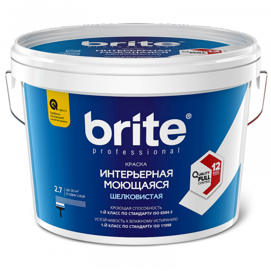 Купить Краска BRITE PROFESSIONAL интерьерная моющаяся белая шелковистая база А, ведро 2,7 л в магазине СтройРесурс от производителя Brite
