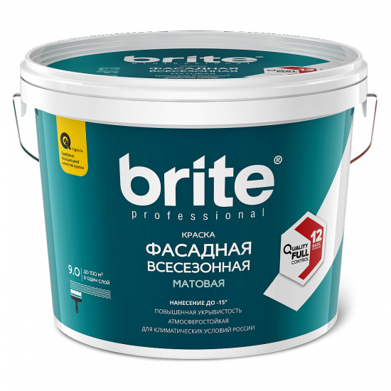 Купить Краска BRITE PROFESSIONAL фасадная всесезонная белая матовая база А, ведро 9 л в магазине СтройРесурс от производителя Brite