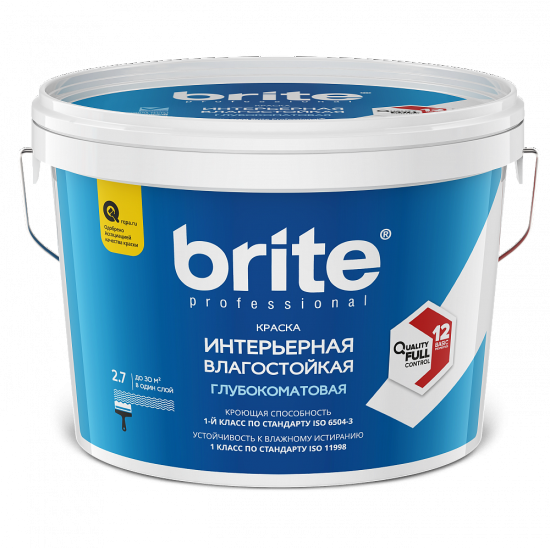 Купить Краска BRITE PROFESSIONAL интерьерная влагостойкая белая глубокоматовая база А, банка 0,9 л в магазине СтройРесурс от производителя Brite