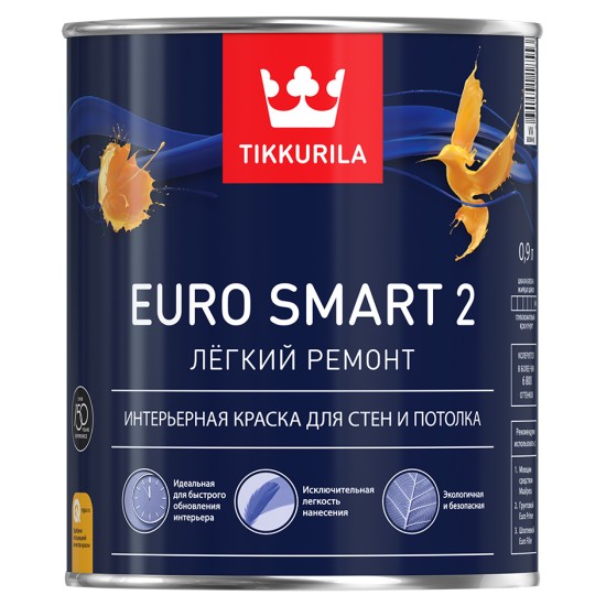 Купить EURO SMART 2 VVA краска (база А белая), 0.9л Тиккурила в магазине СтройРесурс от производителя Tikkurila