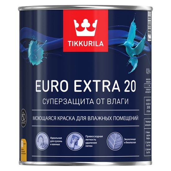 Купить EURO EXTRA 20 A краска экстрастойкая к влаге (база A белая), 0.9л Тиккурила в магазине СтройРесурс от производителя Tikkurila